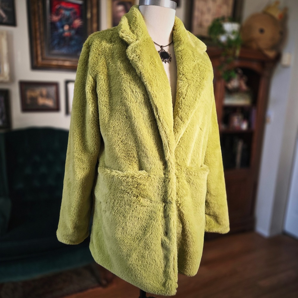 Finesse Faux Fur Coat Chartreuse Green Yellow Fuzzy Plush Jacket Blazer Women XS